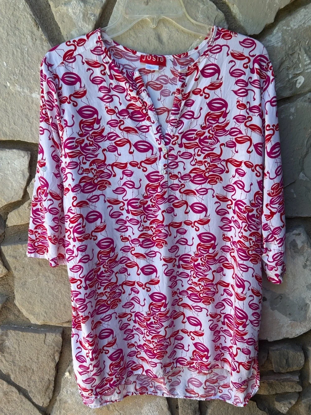 Josie Natori Flamingo Print Sleep Shirt Pajamas Large Red White Coastal Resort